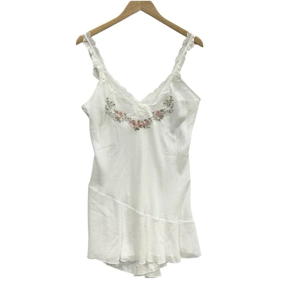 California Dynasty Nightgown Slip Dress M Lace Embroidered Bridal Ivory Sexy